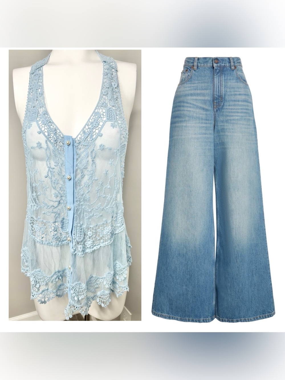 VENUS Light Blue Lace Button-Front Tank Top-m-nwt